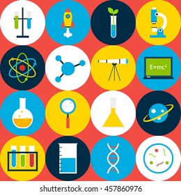 Red Science Background with Circles. Flat Style Vector Pattern. Education and School.