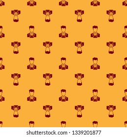 Red Scientist and test tube icon isolated seamless pattern on brown background. Scientist chemist analyzes laboratory flask. Flat design. Vector Illustration