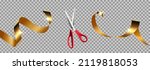 Red scissors cut gold ribbon realistic illustration. Grand opening ceremony symbols, 3d accessories on transparent background. Traditional ritual before launching new business, campaign.