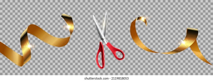 Red scissors cut gold ribbon realistic illustration. Grand opening ceremony symbols, 3d accessories on transparent background. Traditional ritual before launching new business, campaign.