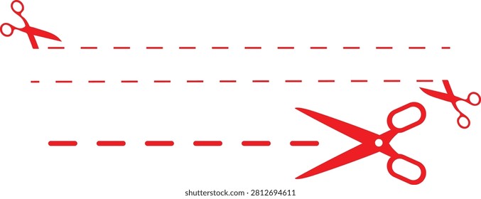 Red scissors cutting along dashed lines vector template for coupons and vouchers