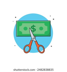 Red Scissors Cutting Dollar Vector Illustration. Reducing Cost Concept Design