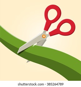 Red Scissors Cutting Green Ribbon