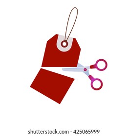 red scissors cutting a red price tag symbol isolate on white background. Vector illustrator.