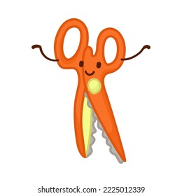 Red scissors dancing vector illustration. Cute school supply character isolated on white background. Stationery concept.