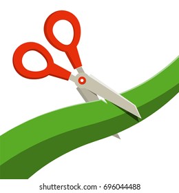 Red Scissors with Green Ribbon Isolated on White Background. Vector.