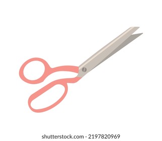 Icono de tijeras rojas. Elemento gráfico para el sitio web. Herramientas para cortar tela y hacer ropa. Moda y estilo, atelier. Inventario y equipo, objeto metálico. Dibujo vectorial plano de dibujos animados