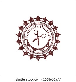 Red scissors icon inside distress rubber grunge stamp