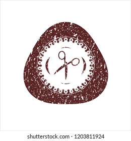 Red scissors icon inside distressed rubber grunge texture seal