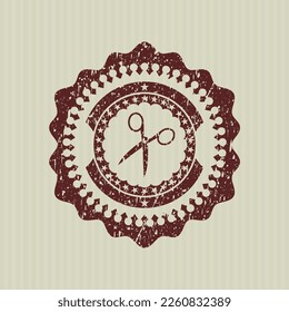 Red scissors icon inside distressed rubber seal. 