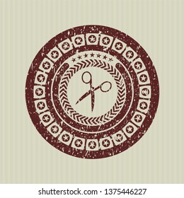 Red scissors icon inside rubber grunge stamp