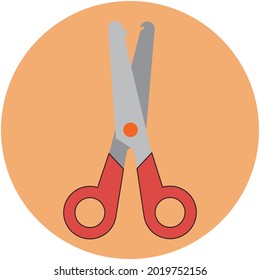 red scissors icon or logo in vector format, and isolated on orange background in circle shape