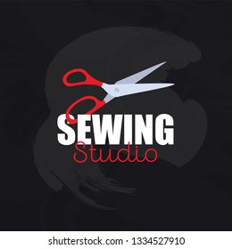 Red scissors isolated on chalkboard background. Flat vector illustration of tailor instrument with "sewing studio" text. Logotype for atelier, tailor, seamstress, tissure shop.