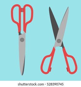 Red scissors, open and closed on blue background. Flat design. Vector illustration. EPS 8, no transparency