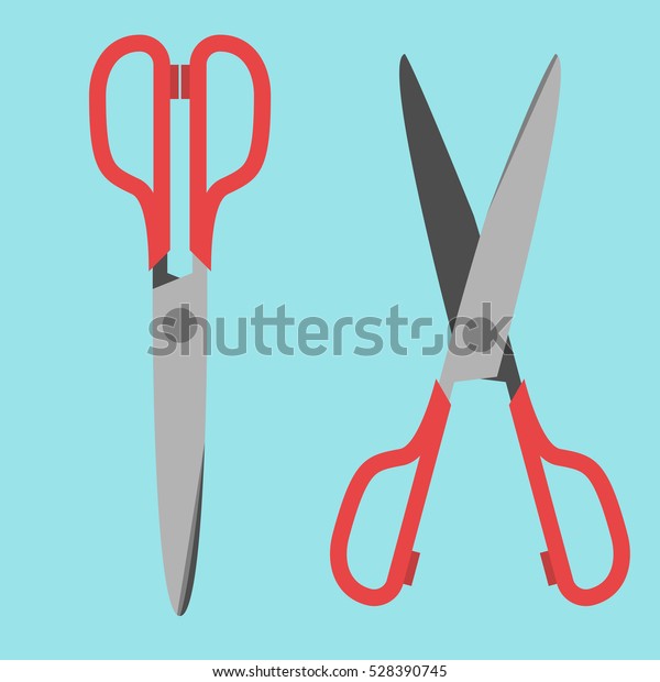 Red scissors, open\
and closed on blue background. Flat design. Vector illustration.\
EPS 8, no transparency