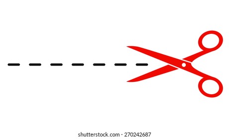 red scissors silhouette with black dotted line