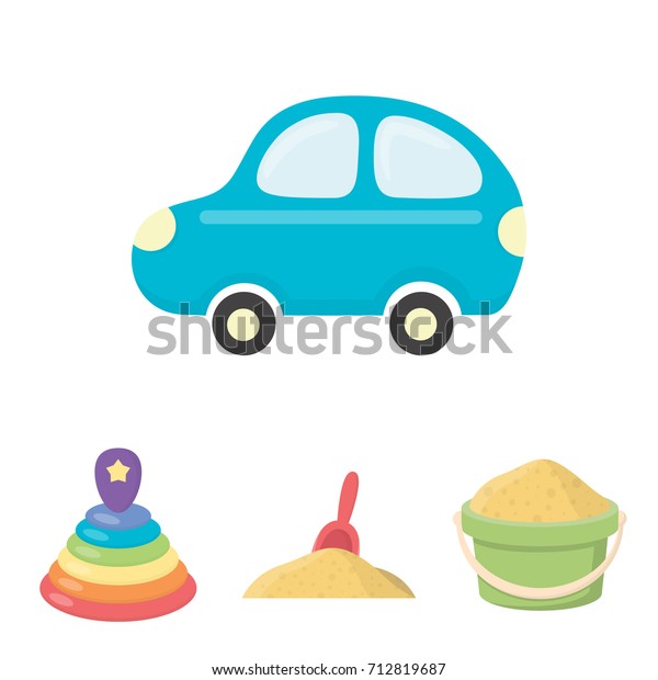 A red scoop in the\
sand, a green bucket with sand, a multi-colored pyramid, a blue toy\
car. Toys set collection icons in cartoon style vector symbol stock\
illustration web.
