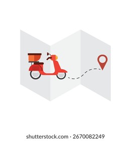 Vespa roja en el mapa plegado con la ruta al símbolo del marcador del destino de la entrega. Ilustración vectorial.