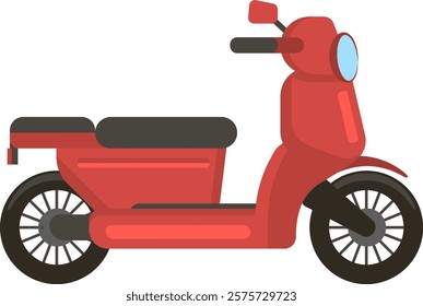 Red scooter standing on white background with black seat and wheels, minimalist vector illustration of a modern vehicle, urban transport concept