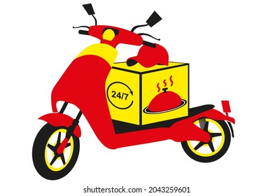 Red scooter with yellow box with logo of hot food dish and round-the-clock delivery 24 hours for 7 days standing on it, above is baseball cap, vector illustration. Concept: Fast hot food delivery.