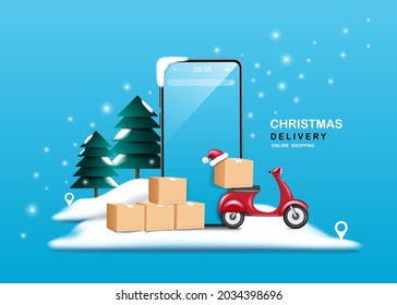 Motocicletas o motocicletas rojas, cajas de paquetes y smartphones colocados en la nieve y con un árbol de navidad detrás de ellos para entrega y concepto de navidad de compras en línea, vector 3d sobre fondo azul