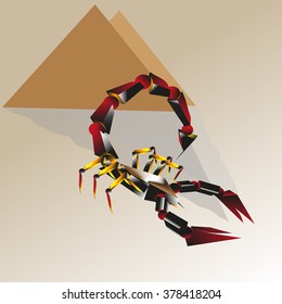 red scorpion on a background of the Egyptian pyramids