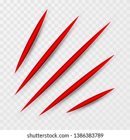 Red scratch set. Claws scratching animal scrape track. Vector illustration.