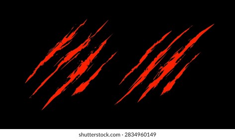 Red scratches from beast claws isolated on black. Brutal grunge design elements. Vector graphics.