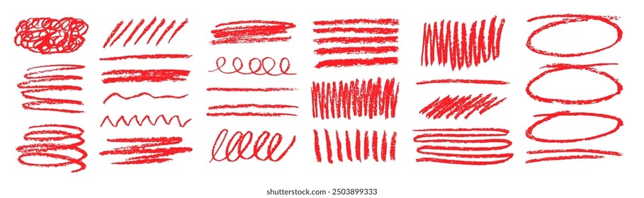 Red scrawl strokes isolated on white background. Set of hand drawn scribble different forms. Rough charcoal strokes. Vector grunge brushes. Elements for notes