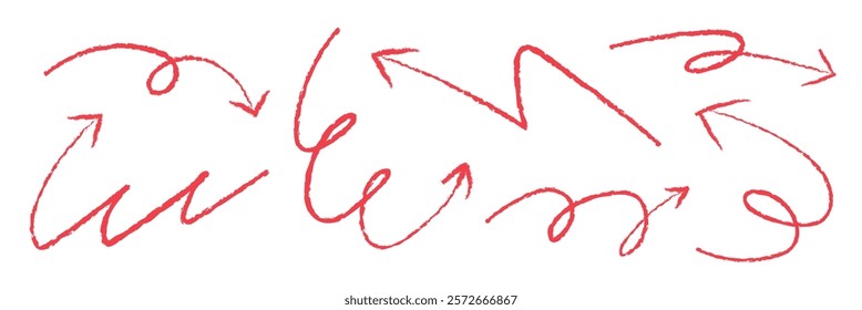 Red scribble arrows in various directions. Curved, zigzag, and looping arrows. Red arrows drawn in a scribble style, creating a dynamic and playful look. Doodle element vector set.