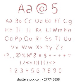Red Scribble Dirty Font.  Isolated Vector Font: Sketch Letters and Numbers. Decorative Latin Alphabet. Abstract Collection Letters.  Exclamation sign and Question sign.