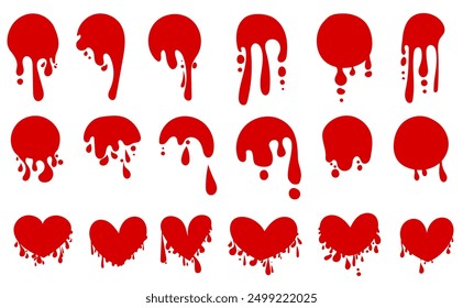 Garabato rojo garabato pintura de agua goteo gota líquido graffiti abstracto burbujas monocromáticas blobs sketch set colección. 