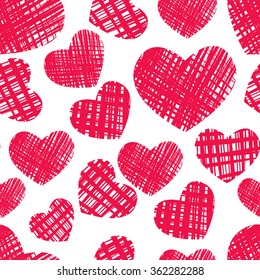 Red scribble hearts on white background. Seamless pattern for Valentines day design.