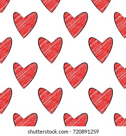 Red scribble hearts pattern on white background. Pattern for Valentines day, Wedding design.