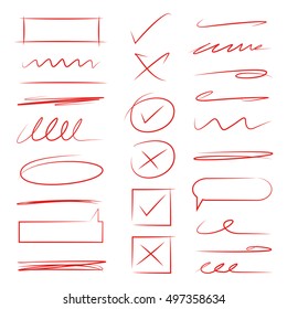 red scribble lines, underlines, check marks