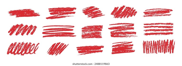 Red scribble strokes isolated on white background. Set of hand drawn brush lines different forms. Rough charcoal strokes. Vector grunge brushes.