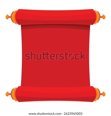 Red scroll cartoon style, with golden handles, unrolled and empty, representing history, tradition, and important messages