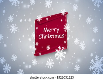 Red scroll with christmas. against the background of snow and snowdrifts.