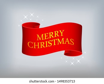 Red scroll Merry Christmas for winter greeting card. Ribbon for new year of happy holiday. Celebration banner of Merry Christmas. Curved scroll for greeting poster to new year. vector illustration