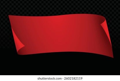 Red scroll vector with rolled paper on a dark checkered transparent background. Realistic scroll and 3D paper, perfect for vector designs, ribbon banners, or rolled banners with red fabric and wavy