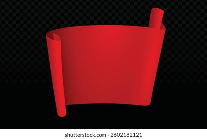 Red scroll vector with rolled paper on a dark checkered transparent background. Realistic scroll and 3D paper, perfect for vector designs, ribbon banners, or rolled banners with red fabric and wavy