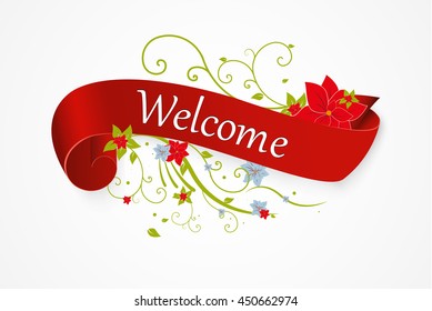 The red scroll.Composition with flowers.Welcome.Vector illustration.
