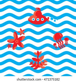 Red sea animal, starfish, alga, medusa, submarine. Vector seamless pattern flat design. Curtain for kids bath
