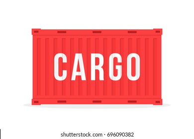 Red Sea Container With Cargo And Shadow. Simple Flat Style Trend Modern Logo Graphic Design Isolated On White. Concept Of Side View Of Box For Global Worldwide Export Or Import Shipping