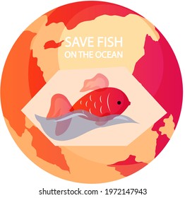 Red sea fish on background of planet. Eco friendly nature conservation, ocean protection. Representative of water area of Earth, marine inhabitant is swimming in ocean. Save fish in ocean concept