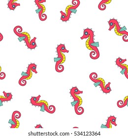 Red sea horse. Vector seamless pattern with hand drawn sea horses. Doodle sea objects on white background.