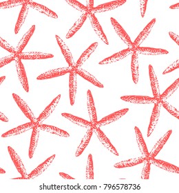 Red sea stars watercolor seamless vector print. Aloha, Hawaii, party. Hand drawn elements. Home decor. Textile design.