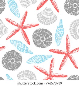 Red sea stars watercolor seamless vector print. Aloha, Hawaii, party. Hand drawn elements. Home decor. Textile design.