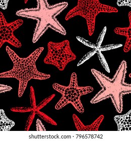 Red sea stars watercolor seamless vector print. Aloha, Hawaii, party. Hand drawn elements. Home decor. Textile design.