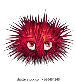 Red sea urchin with cute eyes isolated on white background. Vector cartoon close-up illustration.